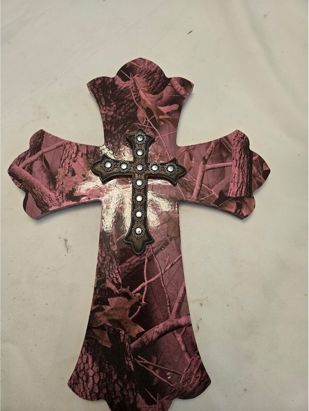 Decorative Pink Camouflage 16x12 " Cross with Studded Accent
